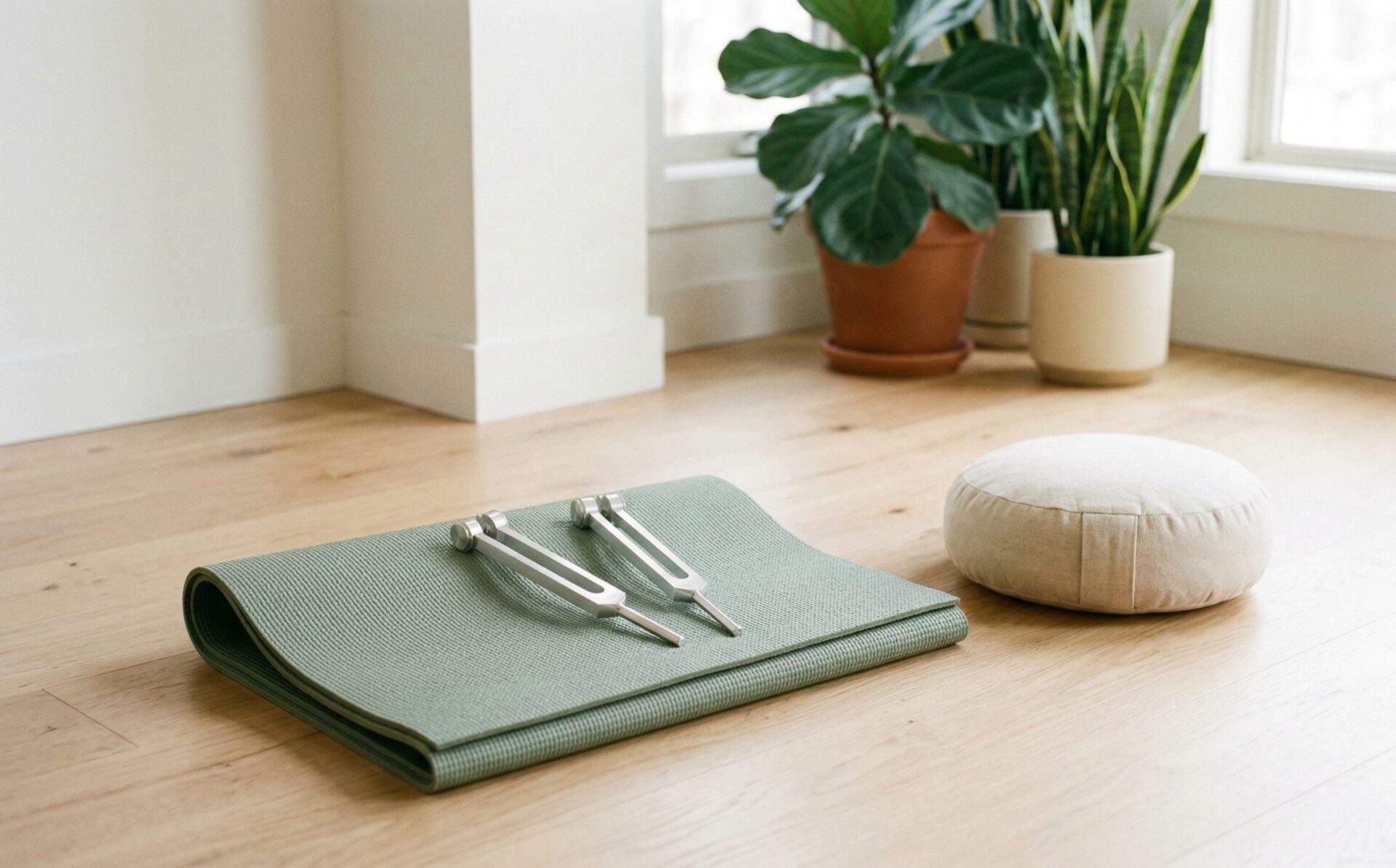 A hand activating a polished tuning fork, capturing the beginning of a sound healing practice in warm natural light