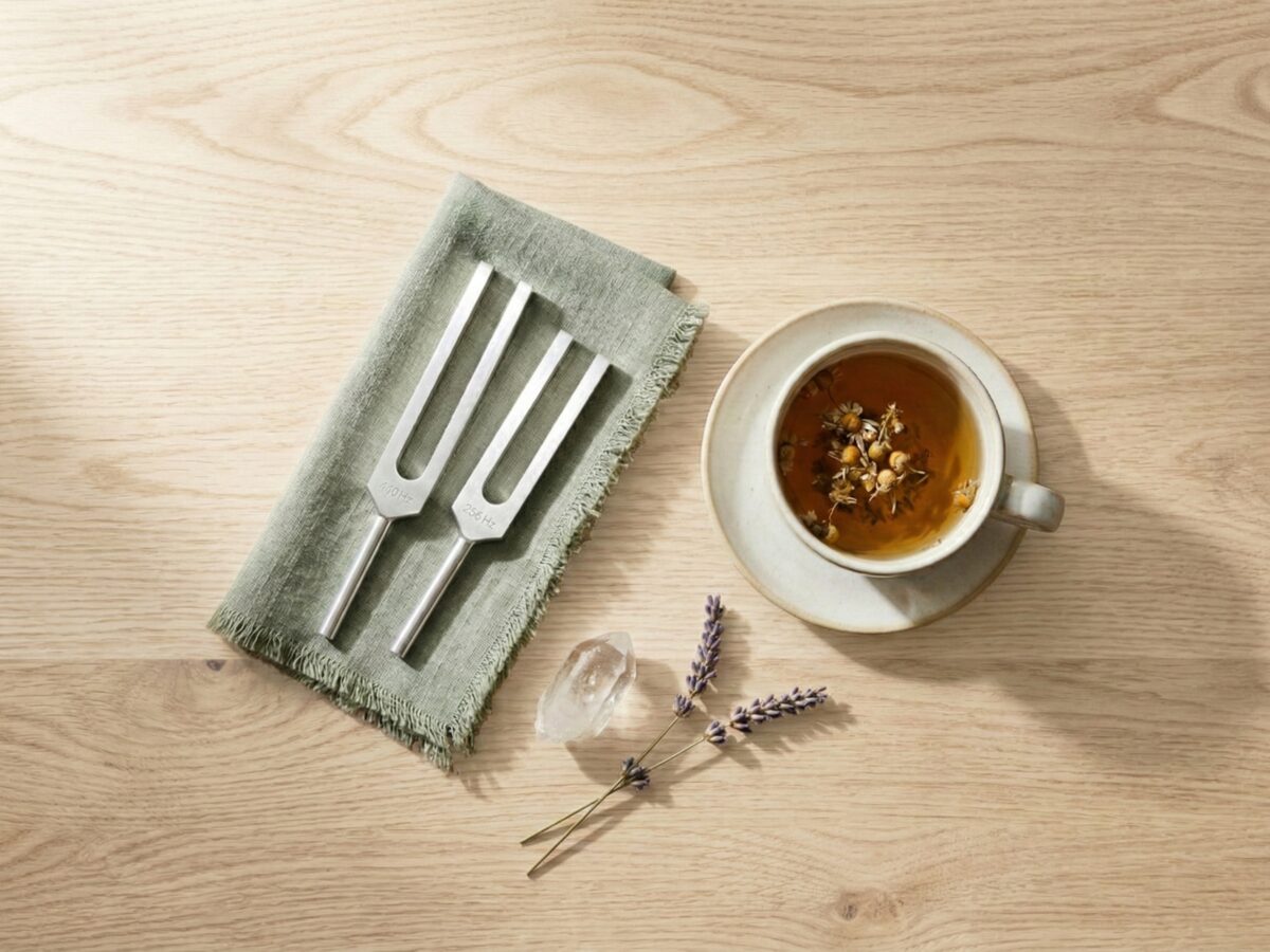 Tuning forks and natural wellness tools arranged on a wooden surface, symbolizing the bridge between ancient healing wisdom and modern living