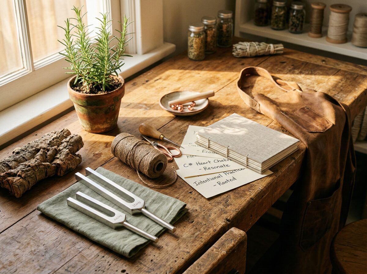 Natural materials and handcrafted wellness tools on an artisan workspace, representing CREVIK's origin of creating authentic, time-tested healing instruments